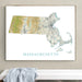 Framed map of Massachusetts on a wall above a white surface with a gray towel.
