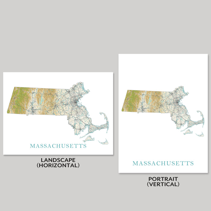 Two maps of Massachusetts, one landscape and one portrait, on a gray background.