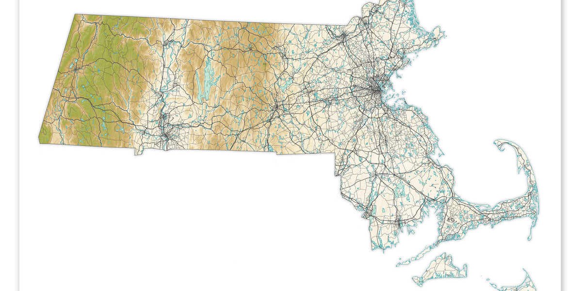 Massachusetts State Wall Art Map Print Poster, Topographic Terrain Lan ...