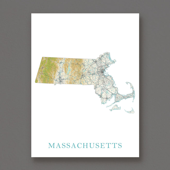 Map of Massachusetts on a white background with 'MASSACHUSETTS' text.