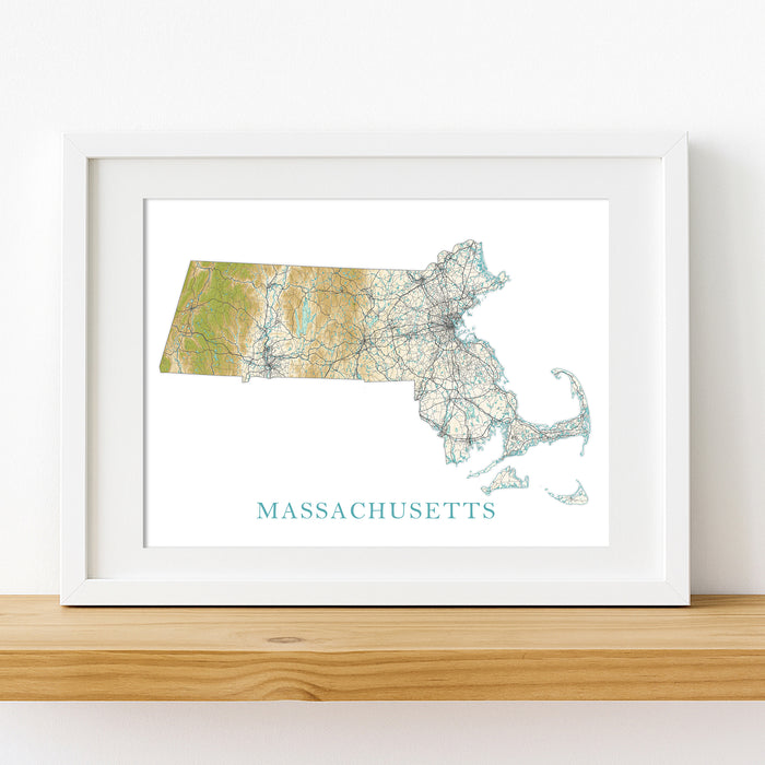 Framed map of Massachusetts on a white wall