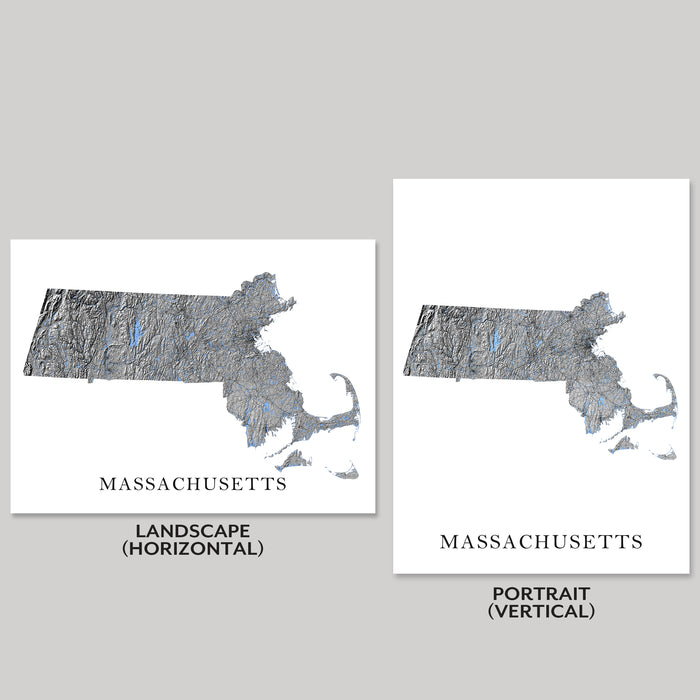 Two maps of Massachusetts, one in landscape and one in portrait orientation, on a gray background.