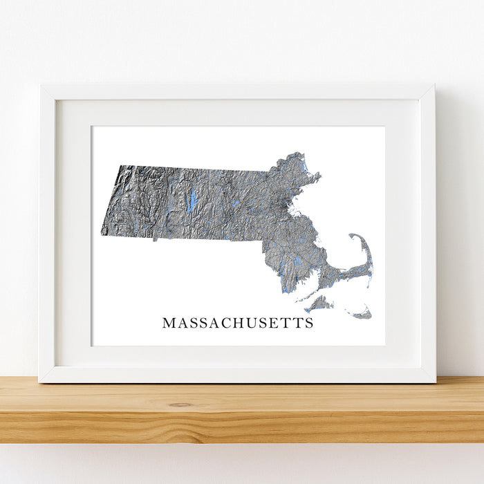 Framed map of Massachusetts on a white wall