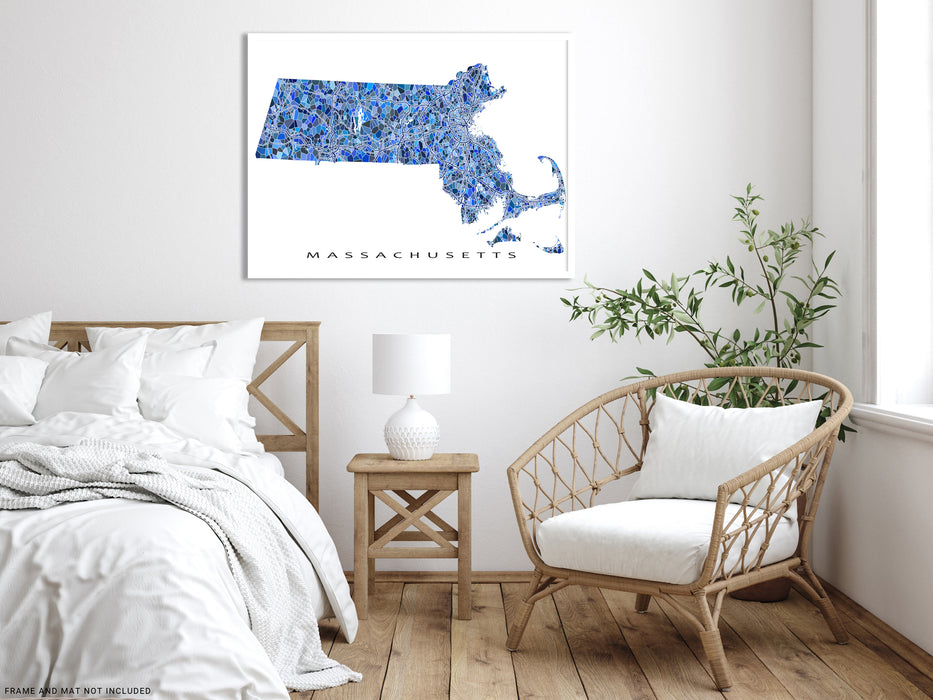 Massachusetts state map art print in blue shapes designed by Maps As Art.