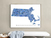 Massachusetts state map art print in blue shapes designed by Maps As Art.