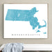Map of Massachusetts framed on a wall above a white bench.
