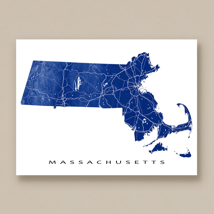 Map of Massachusetts in blue on a white background