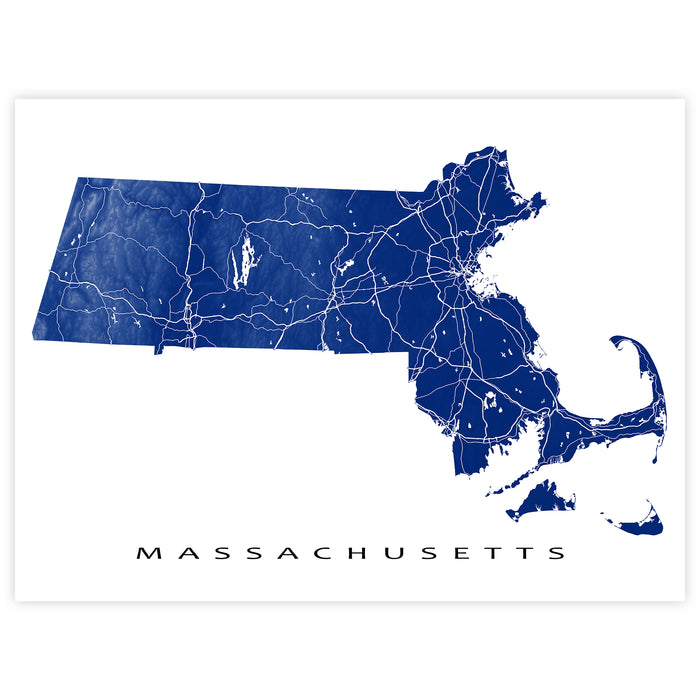 Map of Massachusetts in blue on a white background