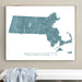 Framed map of Massachusetts on a wall above a white bench.