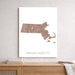 Map of Massachusetts on a white background, displayed on a wall above a wooden shelf.