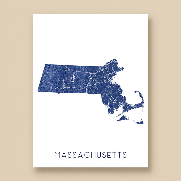 Map of Massachusetts in blue on a white background with 'Massachusetts' text below.