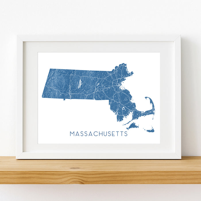 Framed map of Massachusetts on a white wall