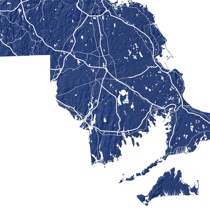 Map of Massachusetts with white lines indicating roads or boundaries on a blue background