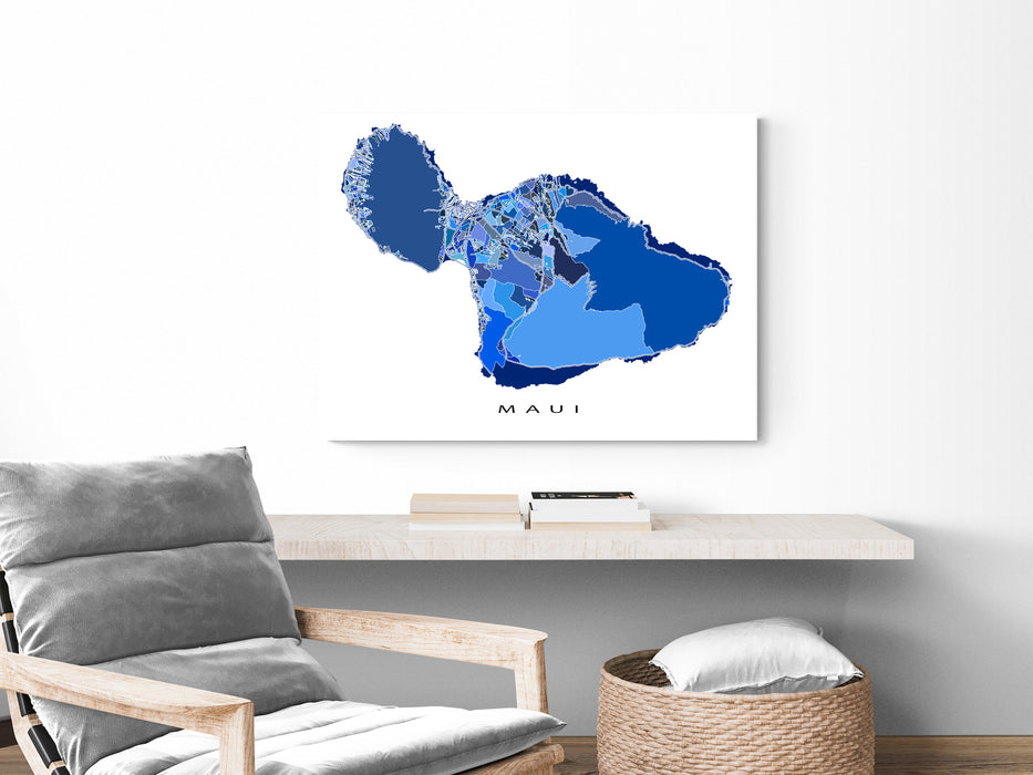 Maui Hawaii map print in a blue shapes design by Maps As Art.