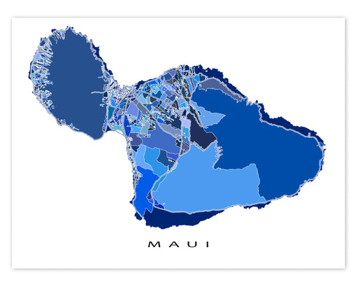 Maui Hawaii map print in a blue shapes design by Maps As Art.