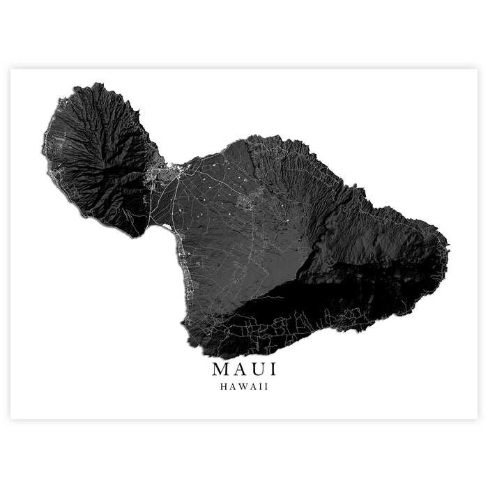 Map of Maui, Hawaii in black and white on a white background