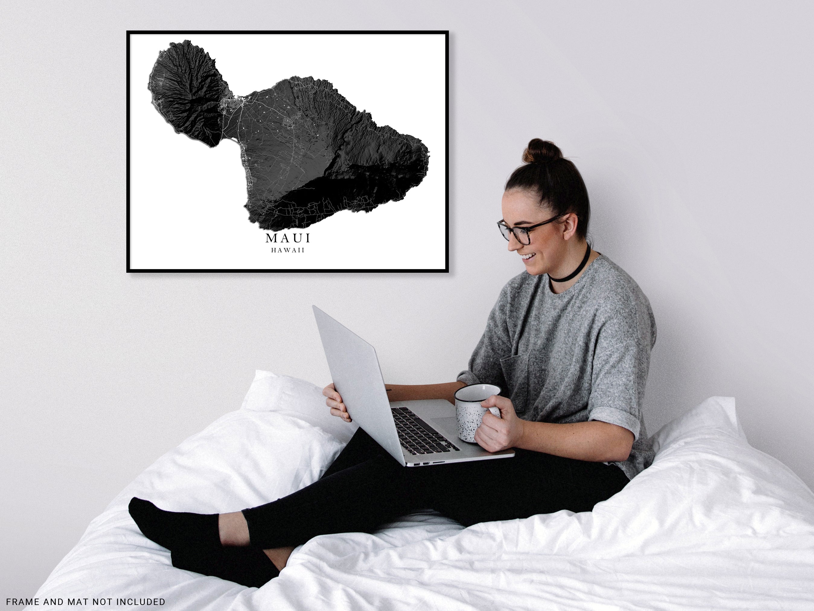 Maui Hawaii Map Wall Art Print Poster, Black and White Topographic Haw ...