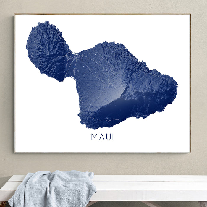 Maui Wall Art Print: Topographic Poster, Map of Maui Hawaii with Roads
