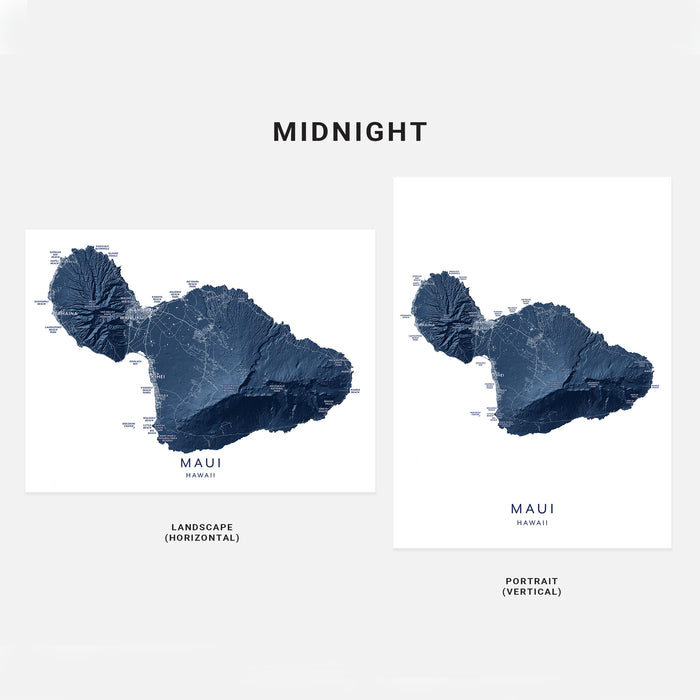 Two map designs of Maui, Hawaii on a white background with 'Midnight' text.