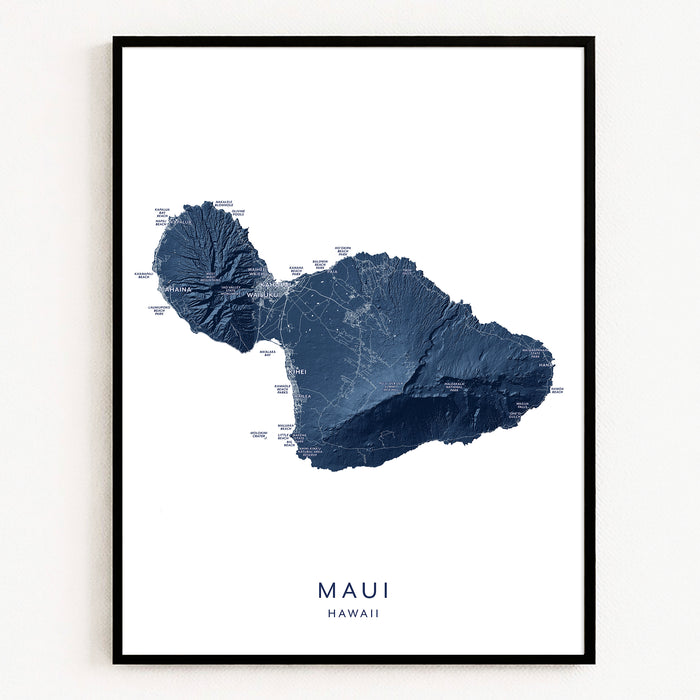 Framed map of Maui, Hawaii on a white background