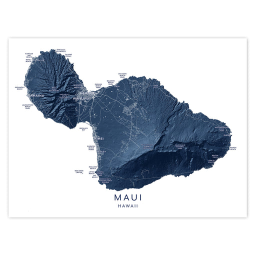 Topographic map of Maui, Hawaii with labeled landmarks on a white background