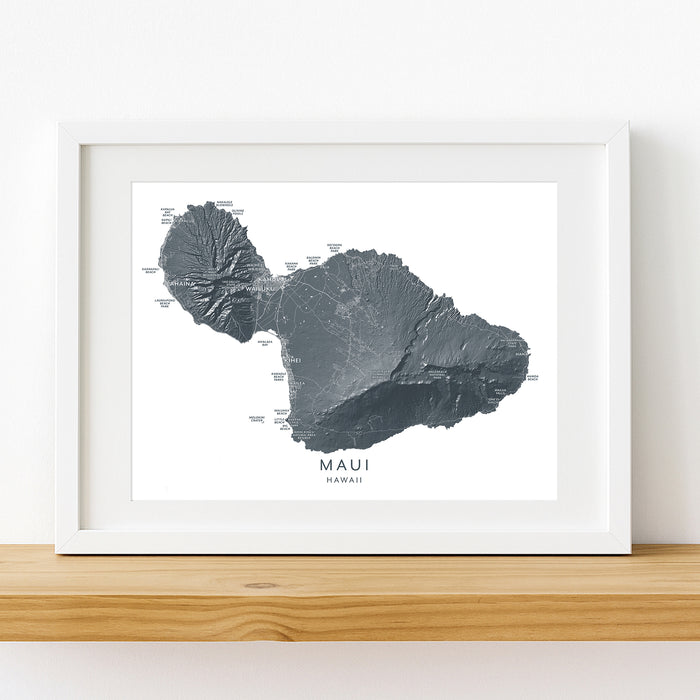 Framed map of Maui, Hawaii on a white background