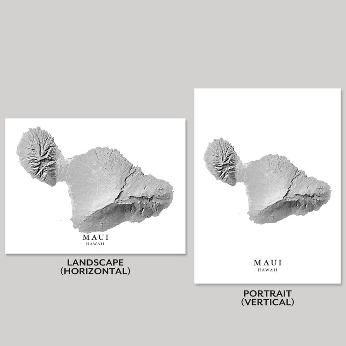 Two prints of Maui, Hawaii with 'Landscape (Horizontal)' and 'Portrait (Vertical)' labels on a gray background.