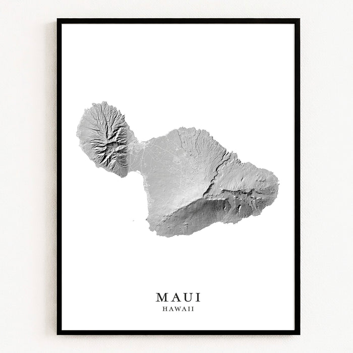 Framed artwork of a topographic map of Maui, Hawaii on a white background