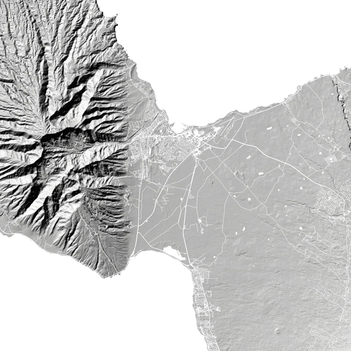Satellite or aerial view of a mountainous area with a coastal region.