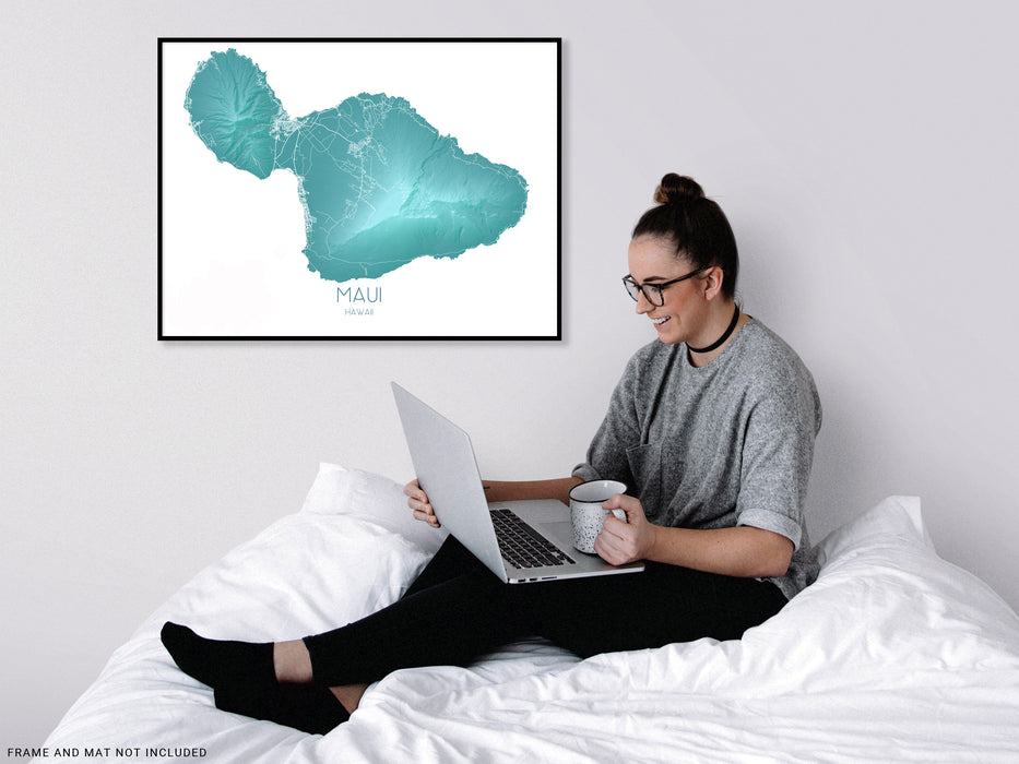 Maui Hawaii map print in turquoise by Maps As Art.