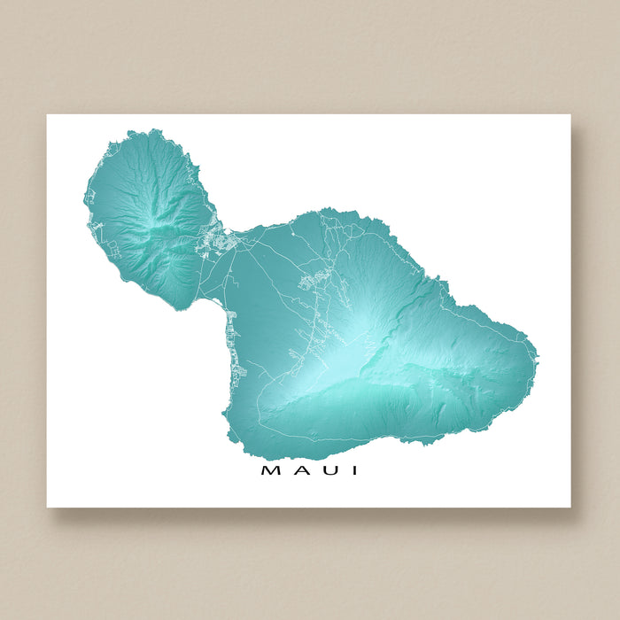 Map of Maui in teal color on a beige background