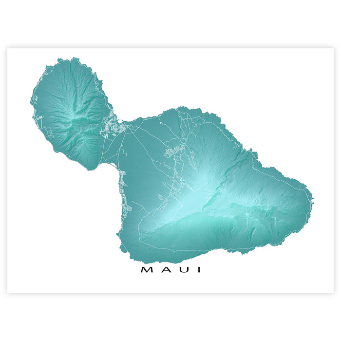 Teal map of Maui on a white background