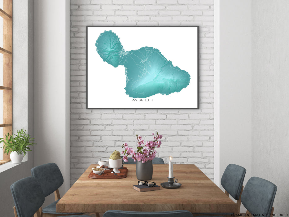 Maui, Hawaii map print with natural island landscape in aqua tints designed by Maps As Art.