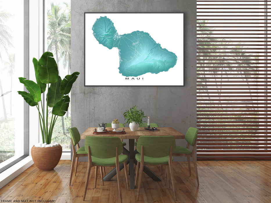 Maui, Hawaii map print with natural island landscape in aqua tints designed by Maps As Art.