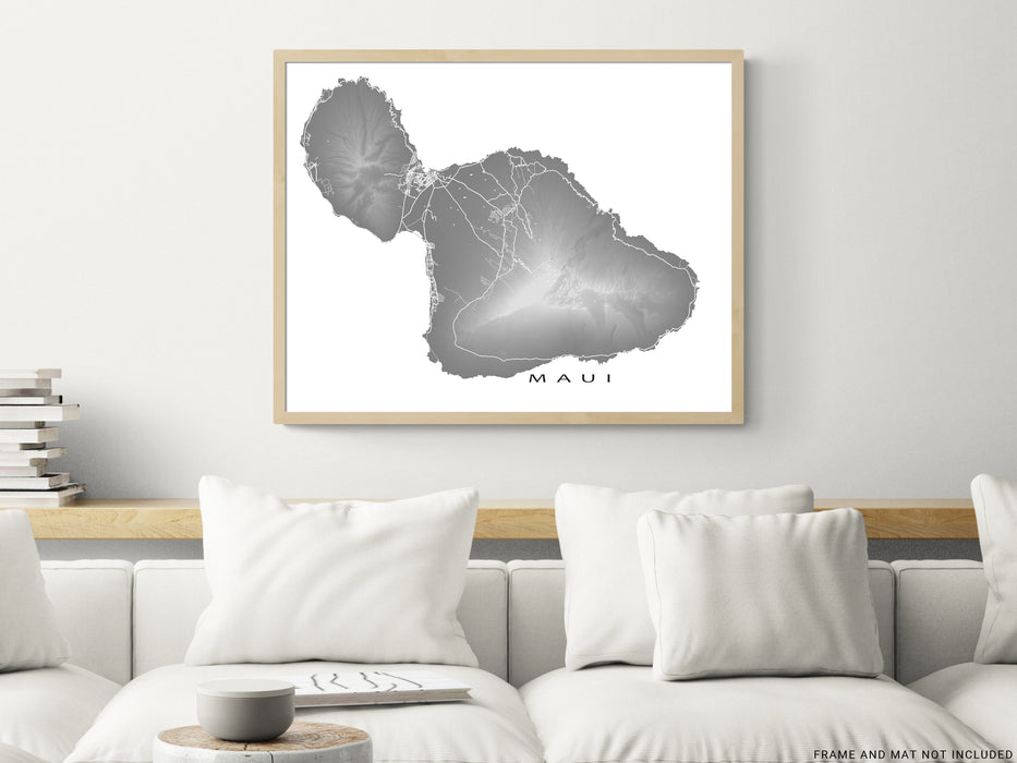 Maui, Hawaii map print with natural island landscape and main roads designed by Maps As Art.