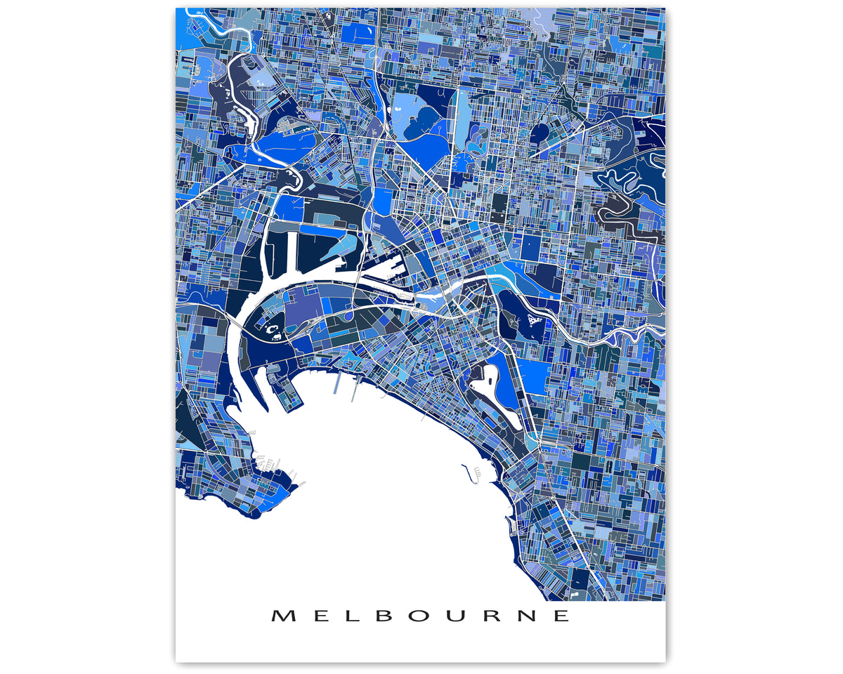 Melbourne Australia Map Wall Art Print, Blue Geometric City Street Pos ...