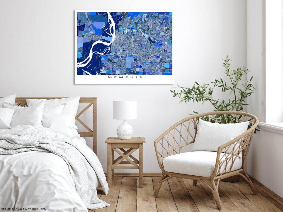 Memphis, Tennesee map art print in blue shapes designed by Maps As Art.
