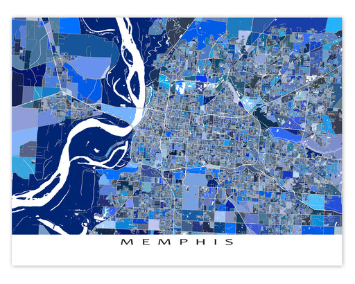 Memphis, Tennesee map art print in blue shapes designed by Maps As Art.