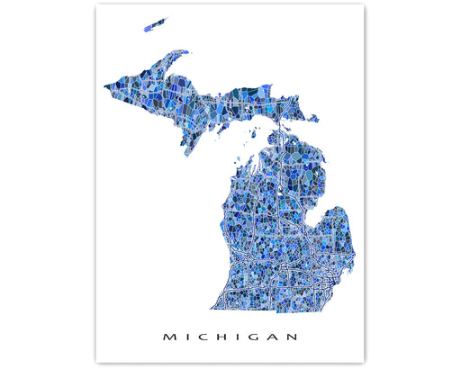 Michigan state map art print in blue shapes designed by Maps As Art.