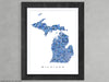 Michigan state map art print in blue shapes designed by Maps As Art.