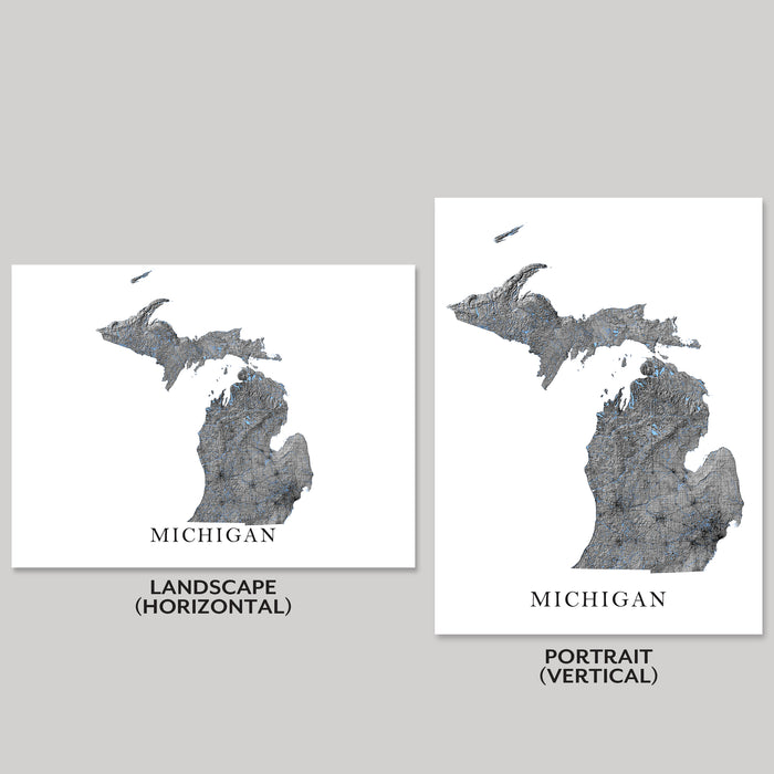 Two Michigan state maps, one landscape and one portrait, on a gray background.