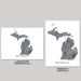 Two Michigan state maps, one landscape and one portrait, on a gray background.
