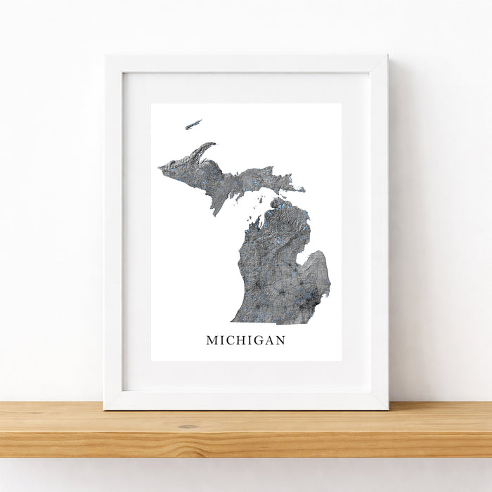 Framed map of Michigan on a white background