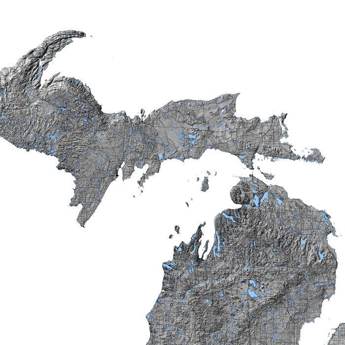 Topographic map of the state of Michigan with elevation details.
