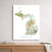 Map of Michigan on a white wall above a wooden surface