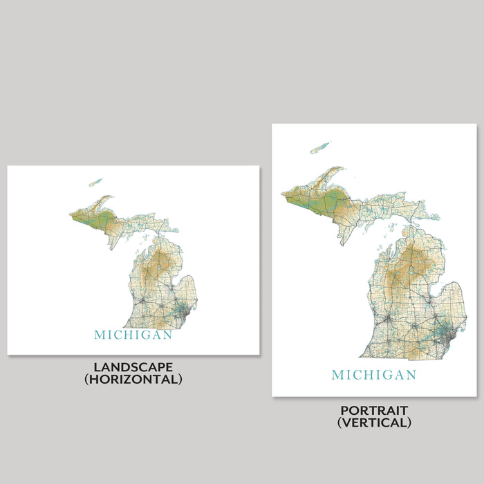 Two maps of Michigan, one in landscape and one in portrait orientation, on a gray background.