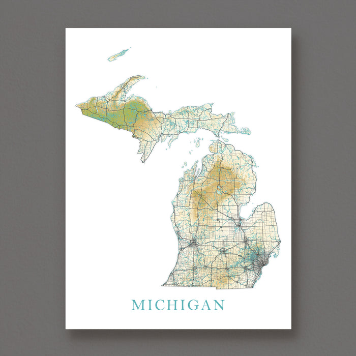 Map of Michigan on a white background with 'Michigan' text at the bottom.