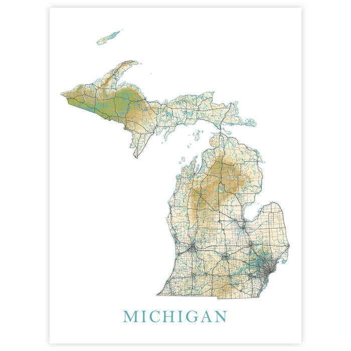Map of Michigan with labeled state on a white background