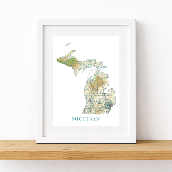 Framed map of Michigan on a white wall