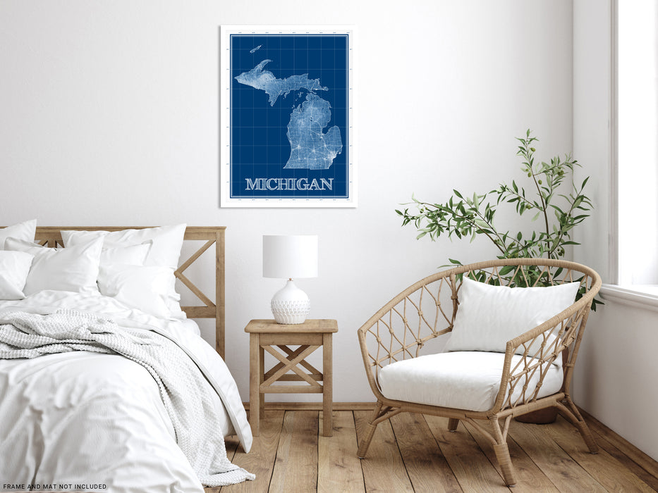 Michigan state blueprint map art print designed by Maps As Art.